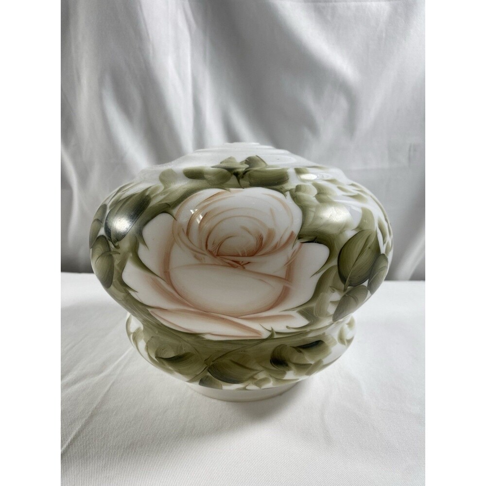 Antique Hurricane Lamp Shade Glass Hand Painted Floral Rose 7” Tall 8” Diameter